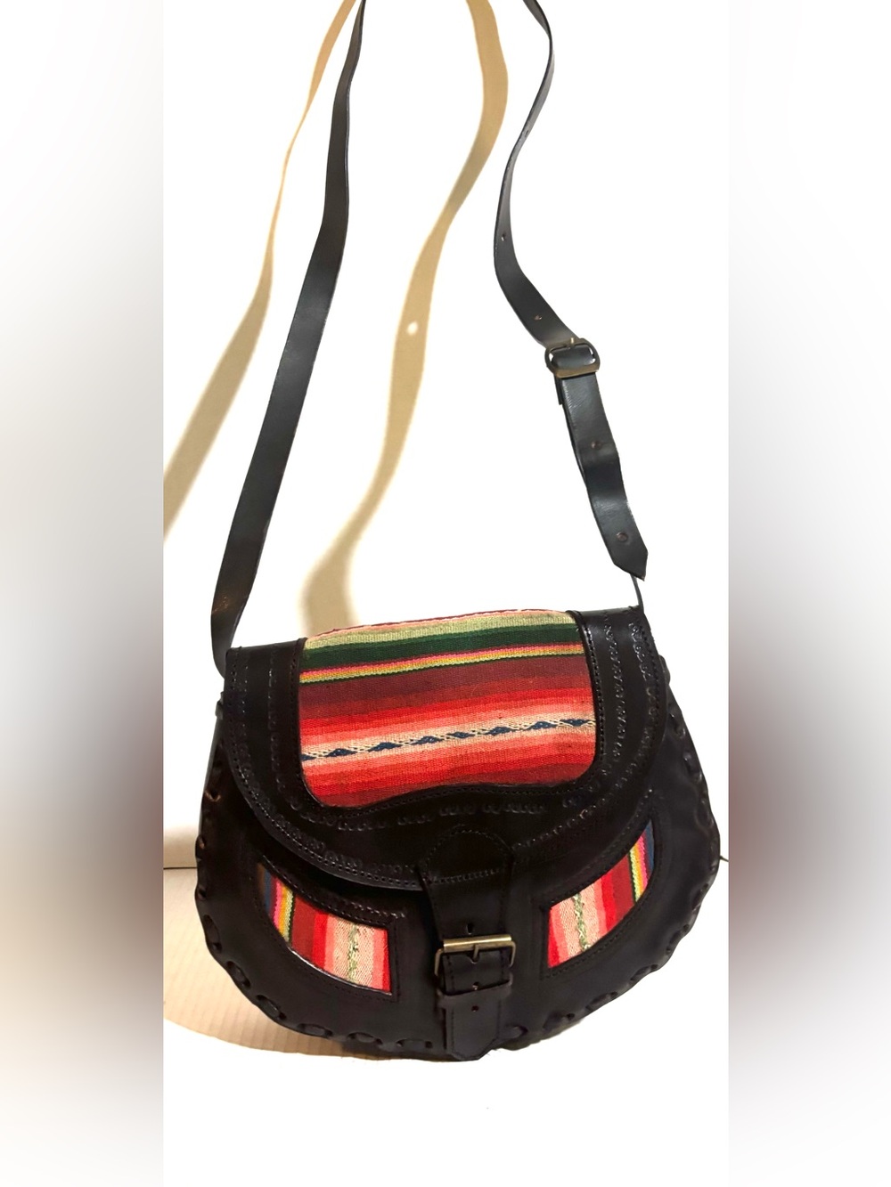Handcrafted Black Leather Crossbody with Red Stripe Textile Accent